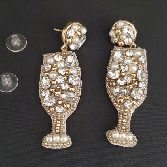 Chico's Champagne Glass Earrings Faux Pearls Gold‎ Tone Beads Crystals NWT - Picture 6 of 9